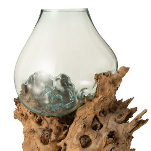 J-Line vaas op voet Gamal – hout/glas – naturel – transparant – extra