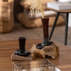 J-Line vaas op voet Hoog Gamal – hout/glas – naturel/bruin – small – 1