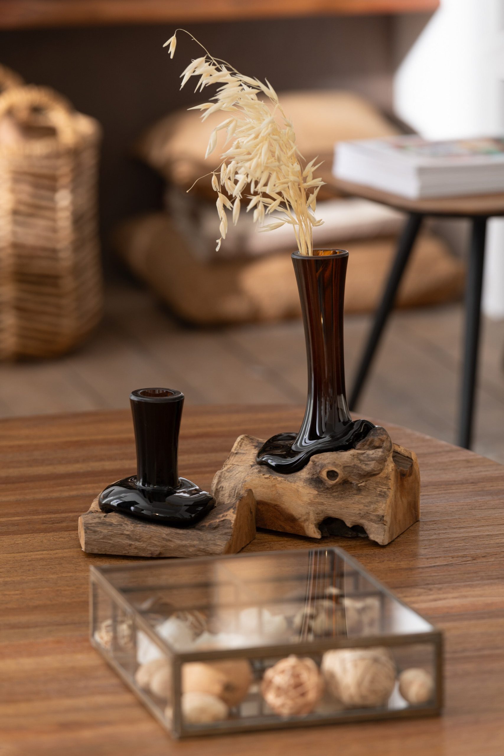 J-Line vaas op voet Hoog Gamal - hout/glas - naturel/bruin - small - 1