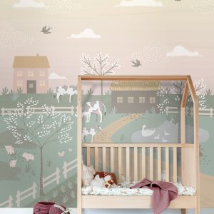 ESTAhome fotobehang boerderij dieren groen en roze – 250 x 279 cm – 15