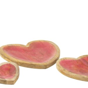 J-Line plateau Hart – hout – roze – set van 3