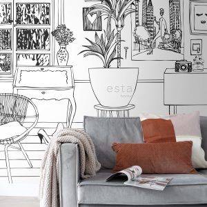 ESTAhome fotobehang tekening woonkamer zwart wit – 372 x 279 cm – 1590 ESTAhome fotobehang tekening woonkamer zwart wit – 372 x 279 cm – 1590