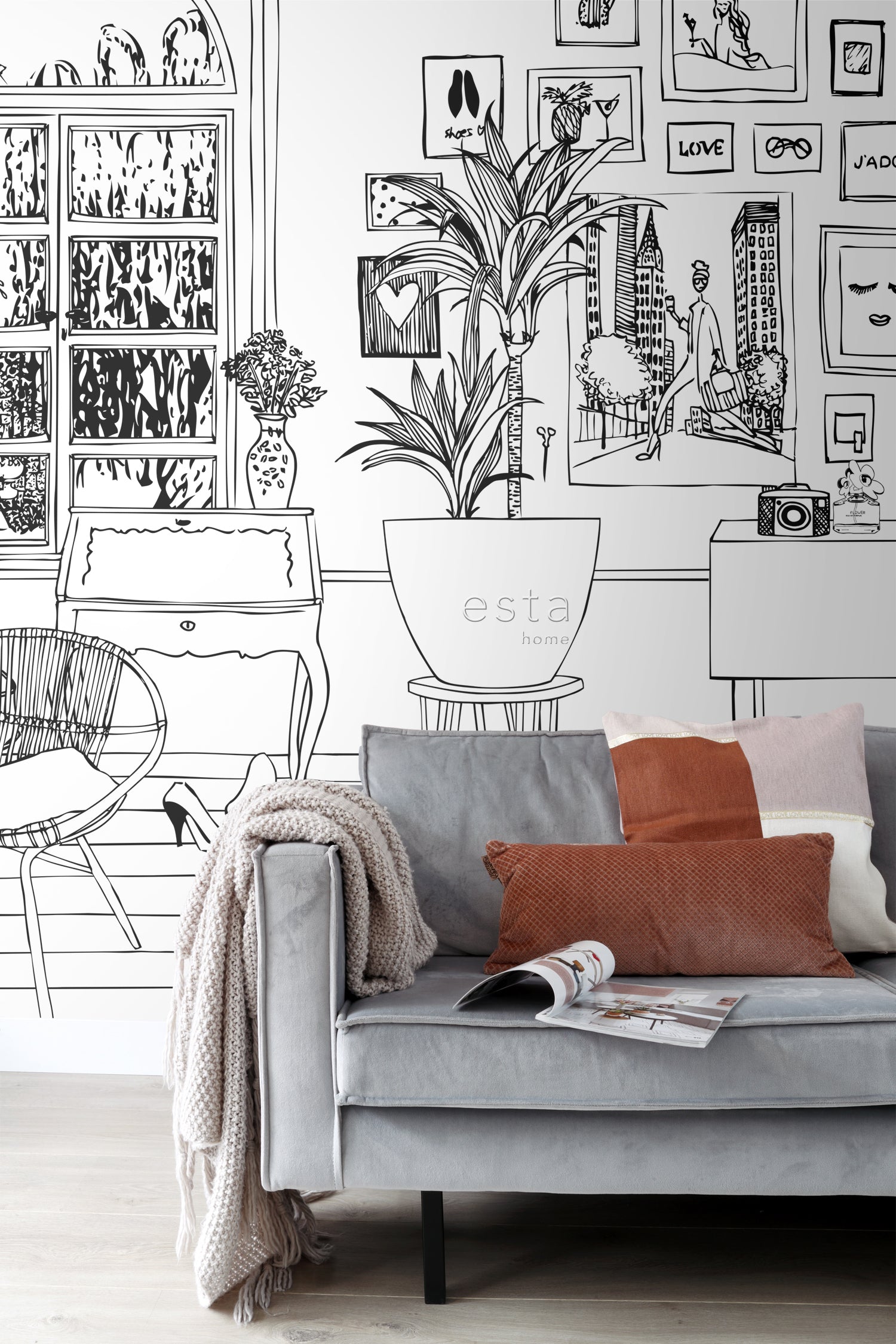 ESTAhome fotobehang tekening woonkamer zwart wit - 372 x 279 cm - 1590