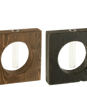J-Line vaas 1 Bloem – hout/glas – bruin/zwart – 2 stuks – 20 x 20.5 cm