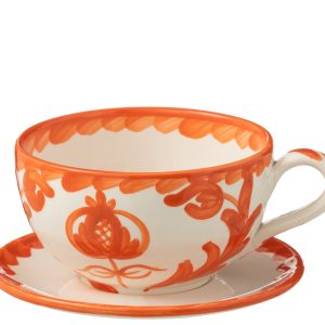 J-Line kopje + schoteltje Granada – keramiek – wit/oranje