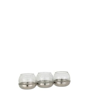 J-Line theelichthouder 3 Bol Craquelé – glas/staal – zilver