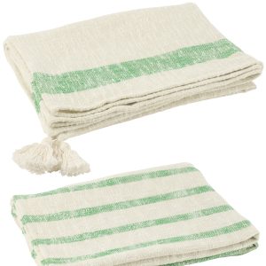 J-Line plaid Strepen + Kwasten – katoen – wit/groen – 2 stuks J-Line plaid Strepen + Kwasten – katoen – wit/groen – 2 stuks