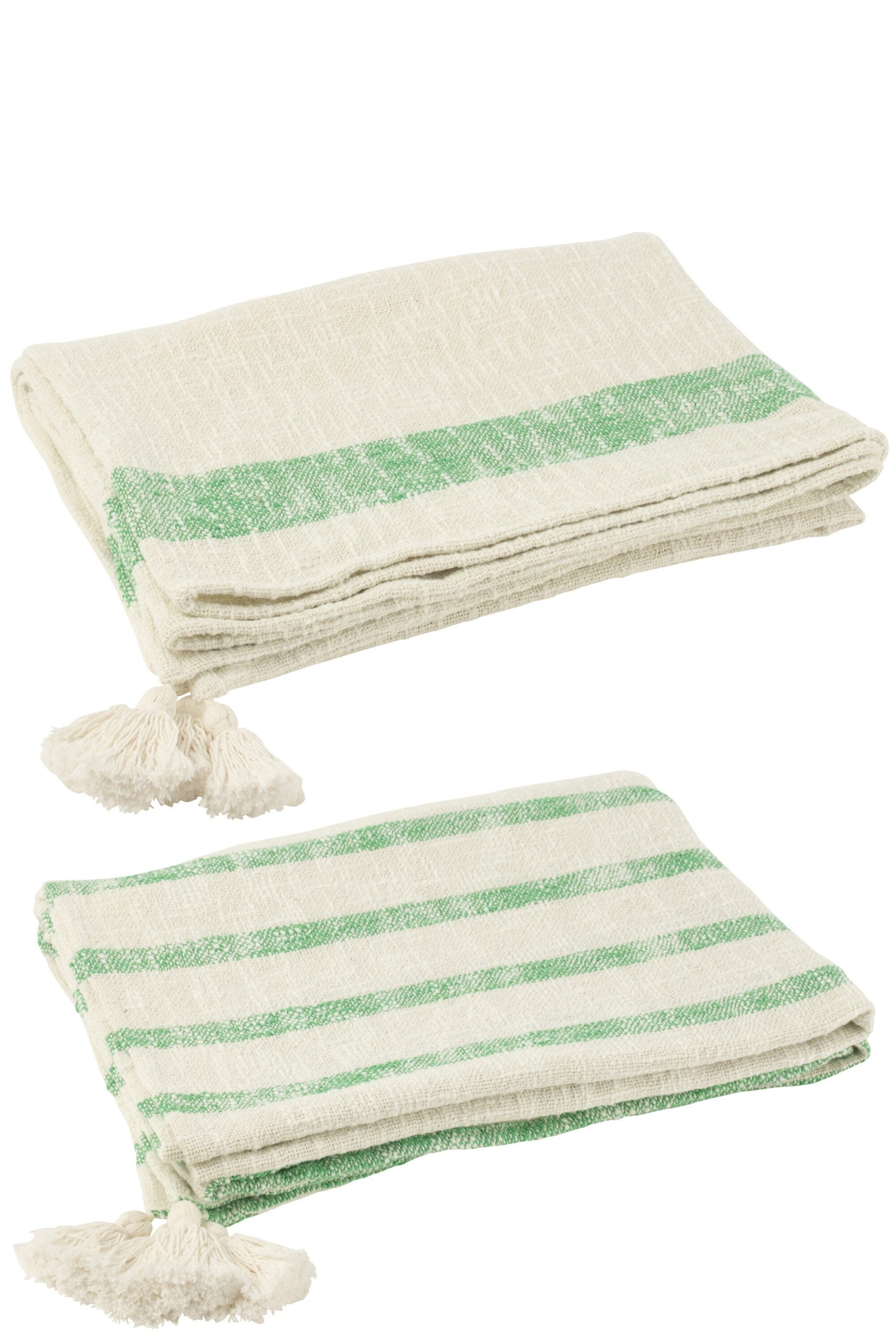 J-Line plaid Strepen + Kwasten - katoen - wit/groen - 2 stuks