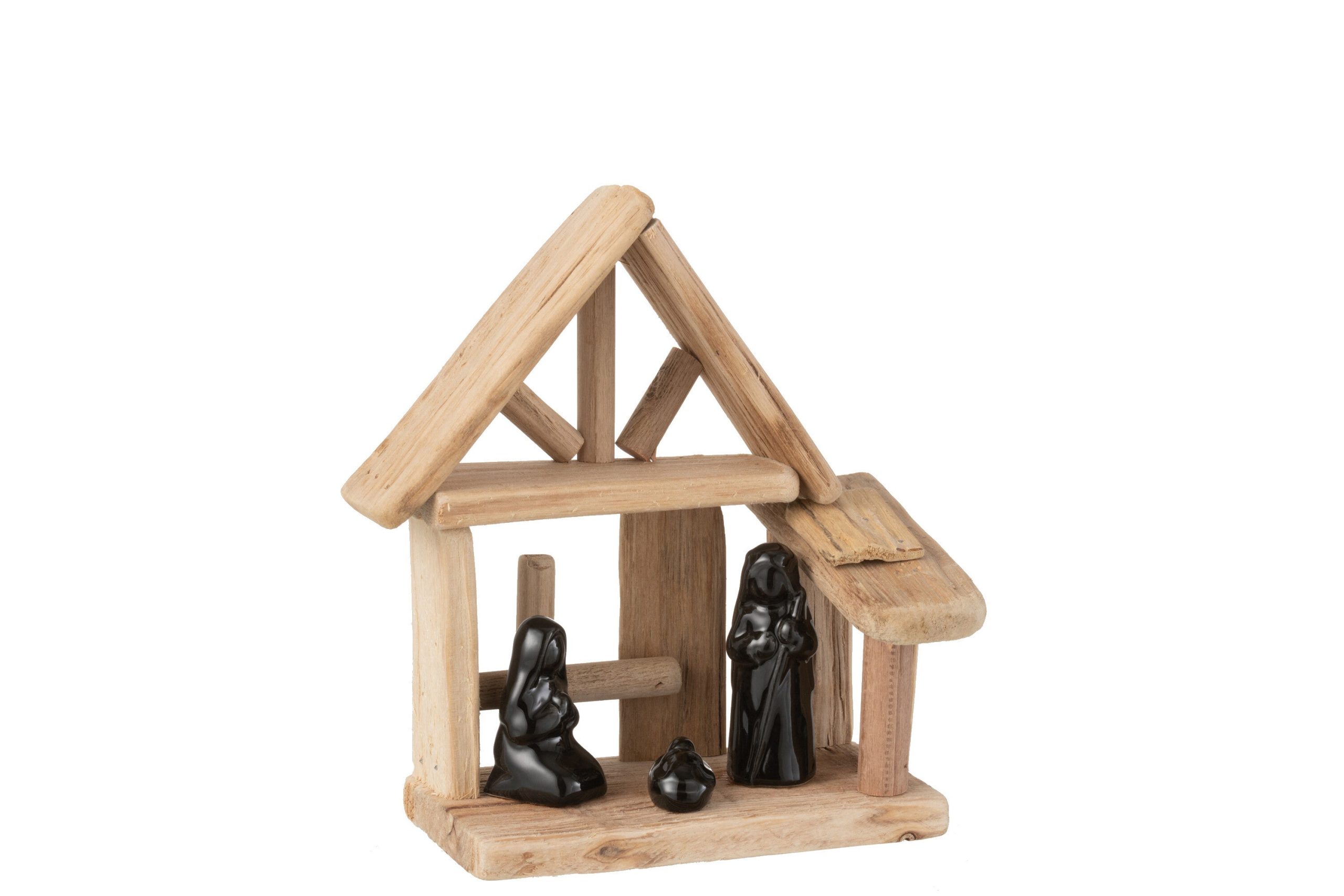 J-Line decoratie Kerststal Huis - hout/keramiek - naturel/zwart