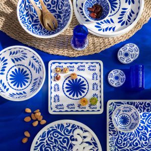 J-Line onderzetter Bloemen – hout – blauw/wit – set van 4