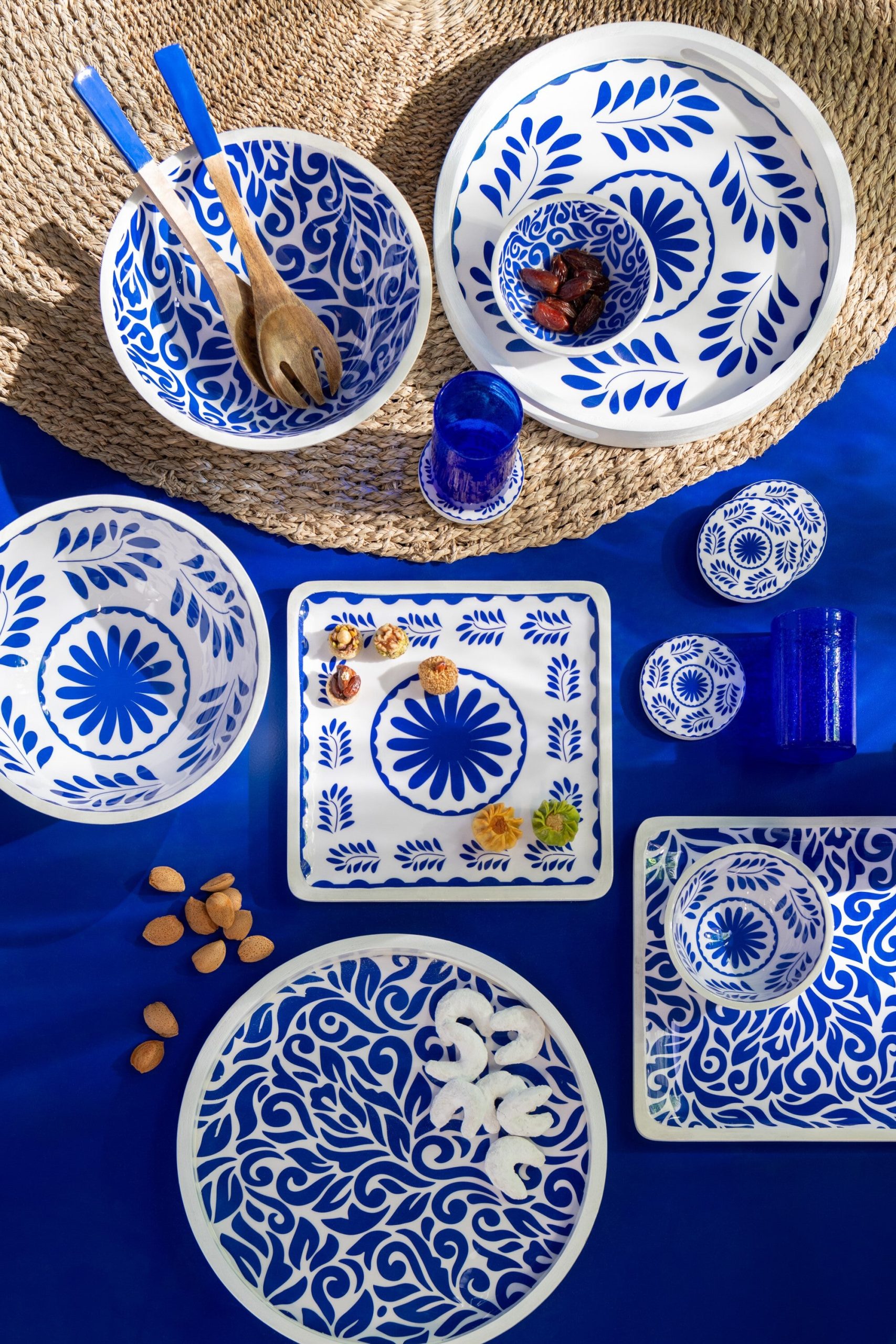 J-Line onderzetter Bloemen - hout - blauw/wit - set van 4