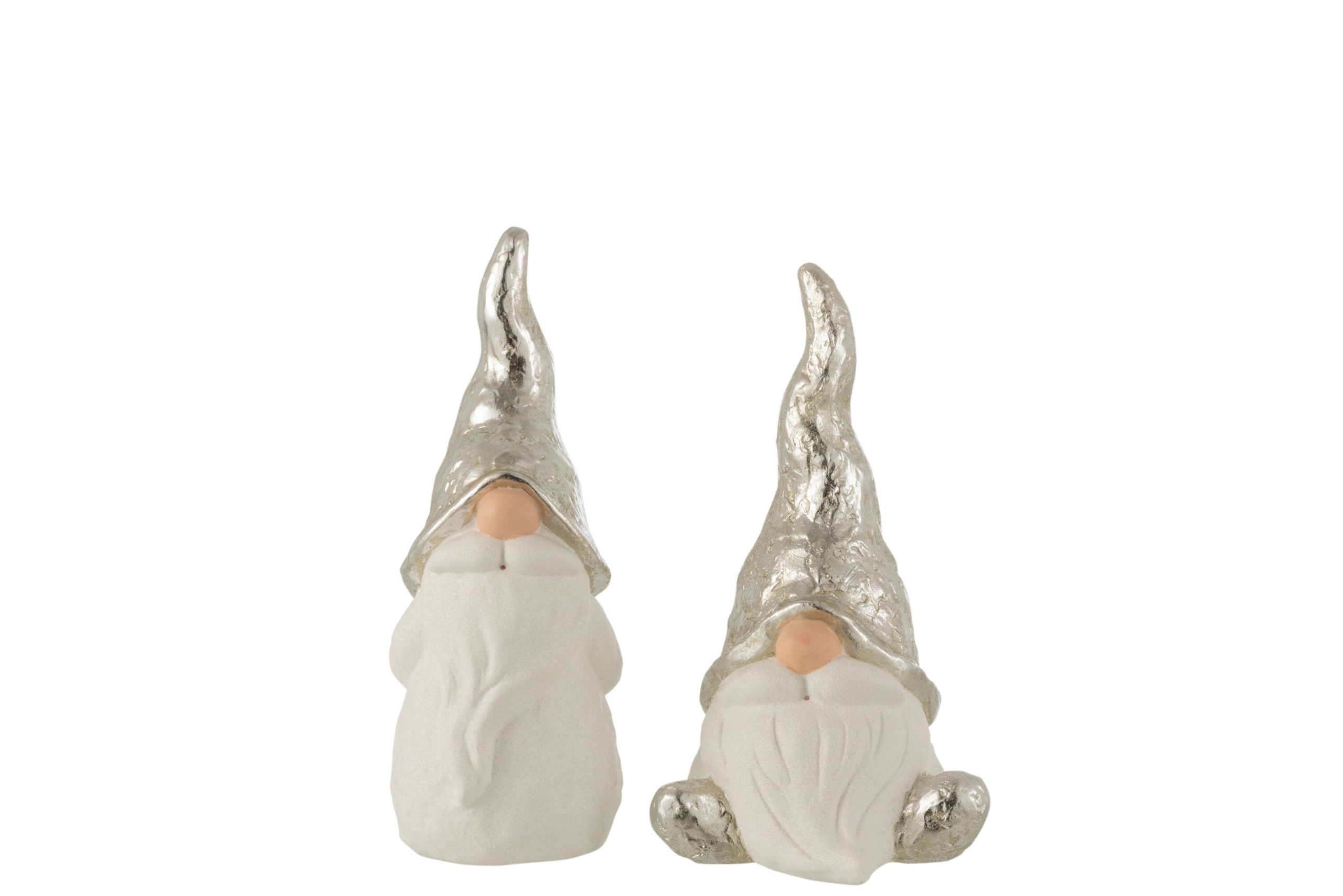 J-Line figuur Kerstman - keramiek - wit/zilver - medium - 2 stuks