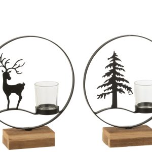 J-Line theelichthouder Rond – hout – zwart/naturel – 2 stuks