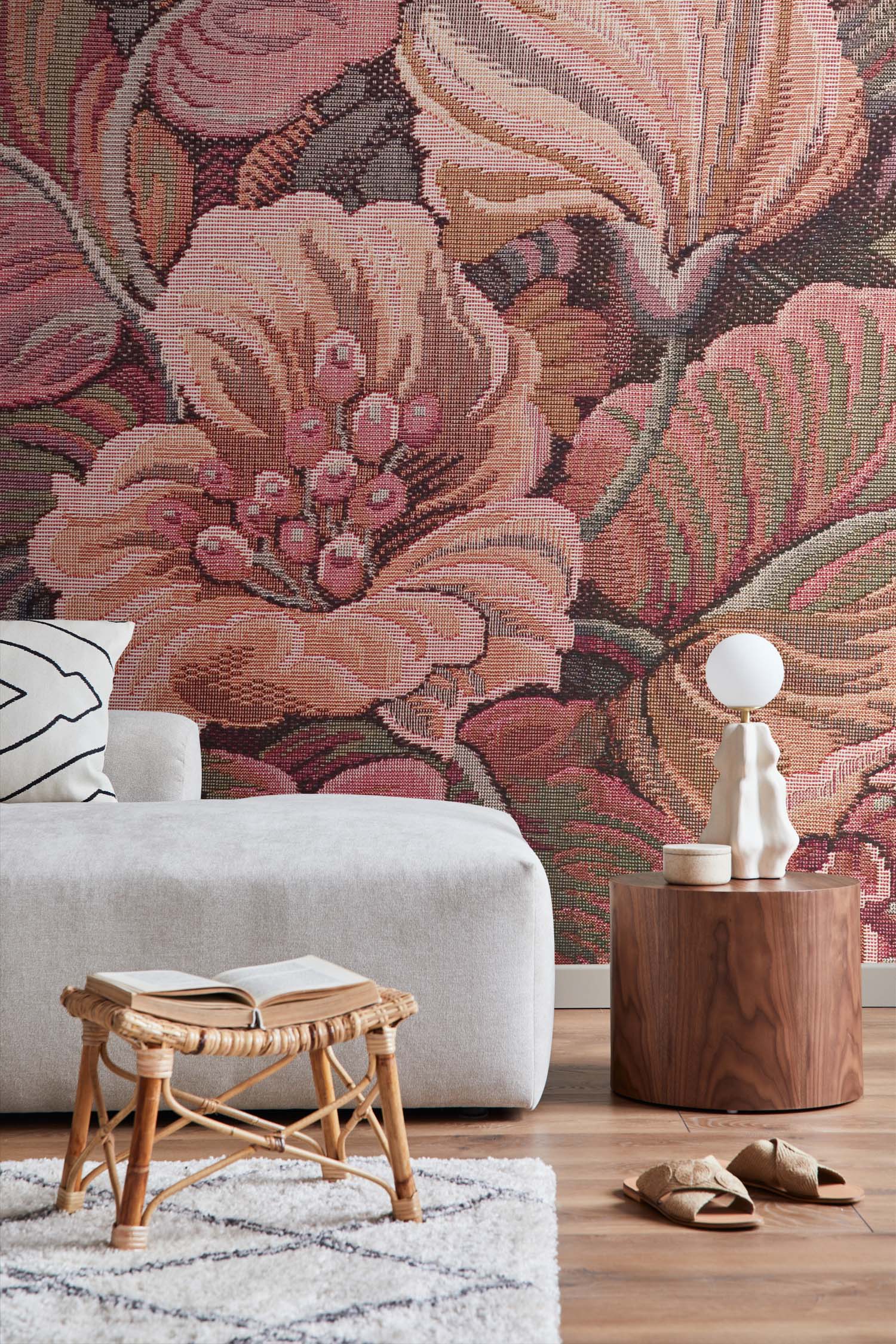 ESTAhome fotobehang geborduurd bloemmotief roze - 250 x 279 cm - 15946