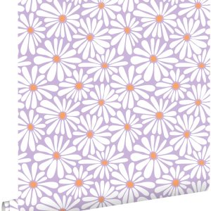 ESTAhome behang madeliefjes lila paars en oranje – 53 cm x 10.05 m – 1