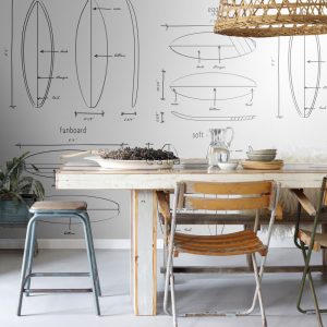 ESTAhome fotobehang technische tekeningen van surfplanken zwart en wit ESTAhome fotobehang technische tekeningen van surfplanken zwart en wit