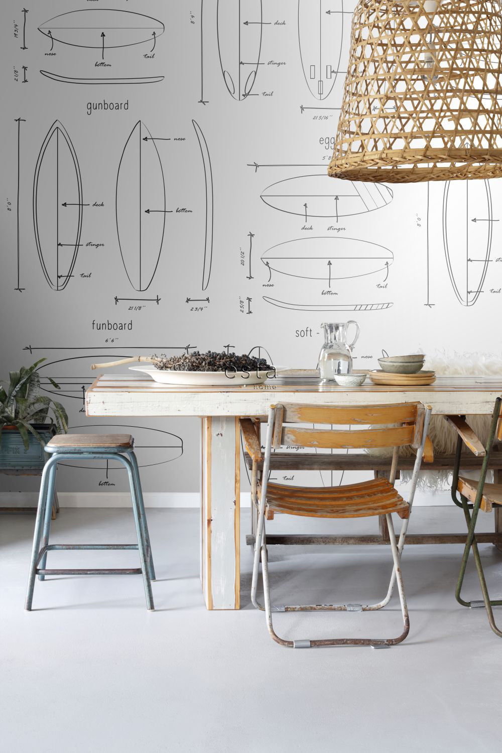 ESTAhome fotobehang technische tekeningen van surfplanken zwart en wit