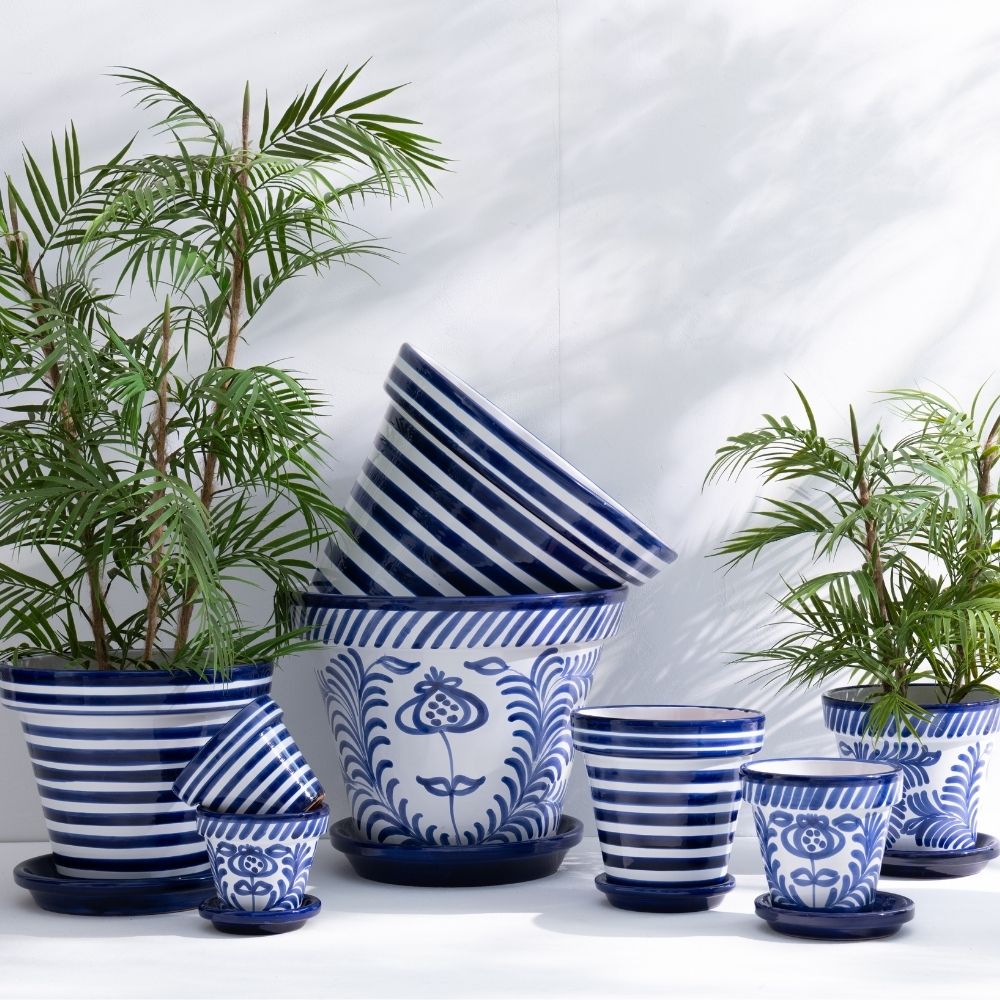J-Line bloempot Granada Stripes Handmade + Painted - keramiek - blauw