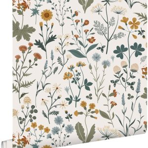 ESTAhome behang veldbloemen okergeel, vergrijsd groen en vintage blauw ESTAhome behang veldbloemen okergeel, vergrijsd groen en vintage blauw