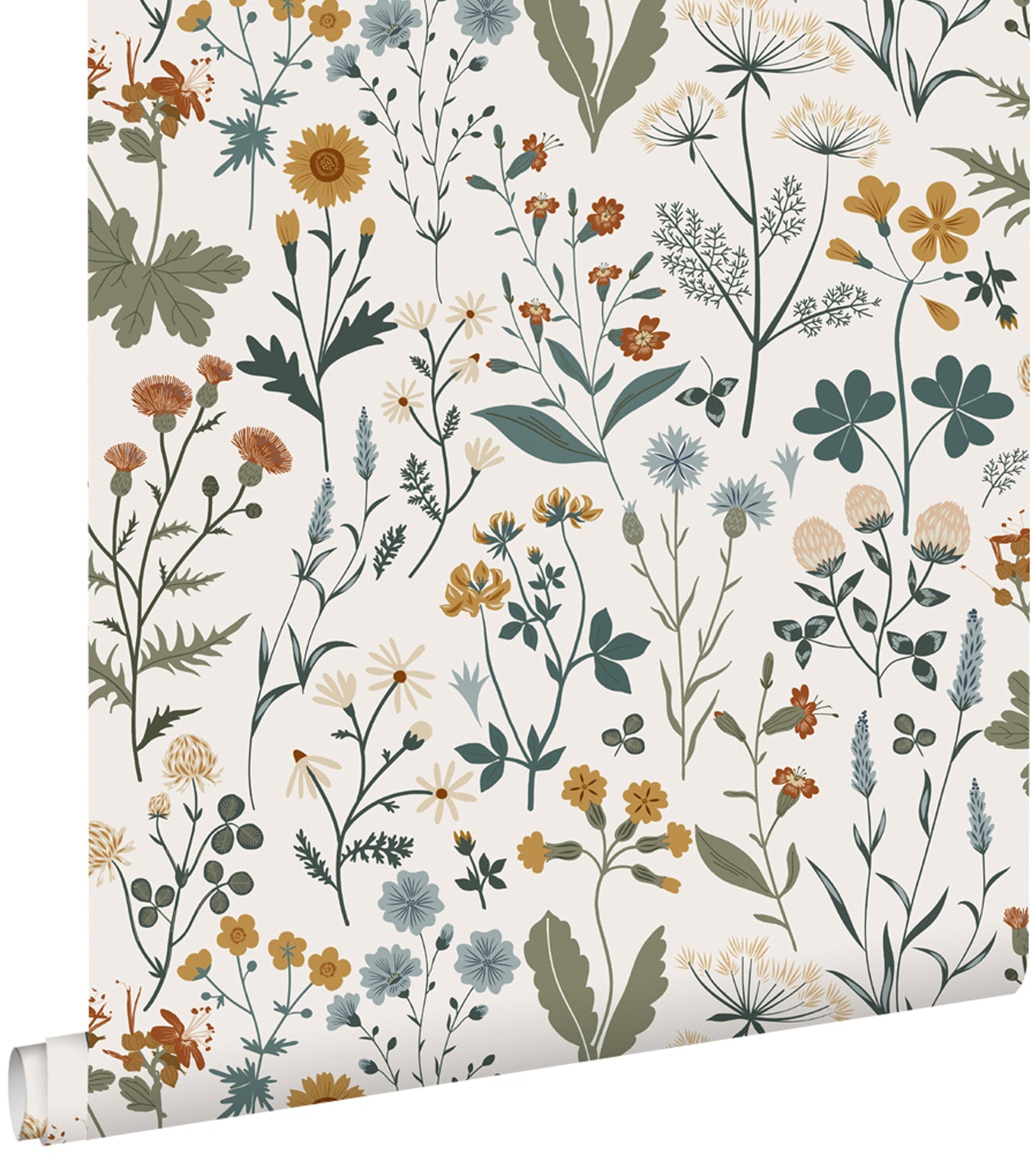 ESTAhome behang veldbloemen okergeel, vergrijsd groen en vintage blauw