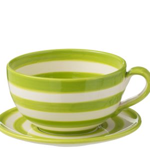 J-Line kopje + schoteltje Granada Stripes – keramiek – wit/groen