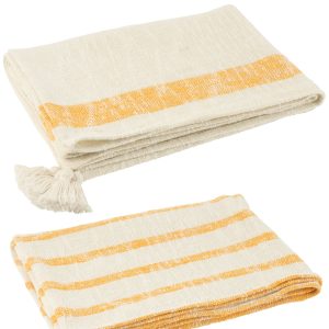 J-Line plaid Strepen + Kwasten – katoen – wit/oranje – 2 stuks J-Line plaid Strepen + Kwasten – katoen – wit/oranje – 2 stuks