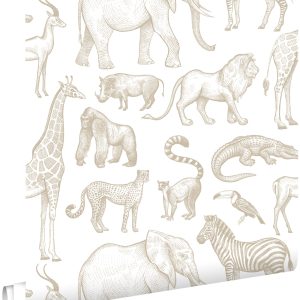 ESTAhome behang jungle dieren wit en beige – 53 cm x 10.05 m – 139690