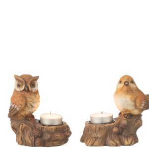 J-Line windlicht + uil – porselein – bruin – 2 stuks