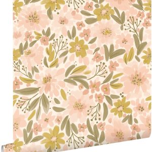 ESTAhome behang bloemen zacht roze, okergeel en vergrijsd groen – 50 x