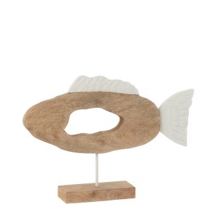 J-Line decoratie Vis Ovaal Op Voet – hout – wit/naturel