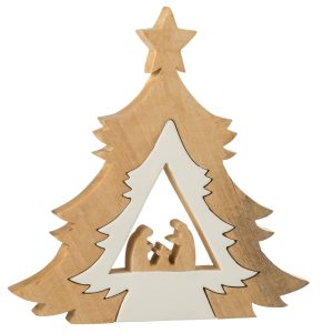 J-Line decoratie Kerststal In Boom + Ster – hout – wit/naturel
