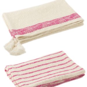 J-Line plaid Strepen + Kwasten – katoen – wit/roze – 2 stuks J-Line plaid Strepen + Kwasten – katoen – wit/roze – 2 stuks