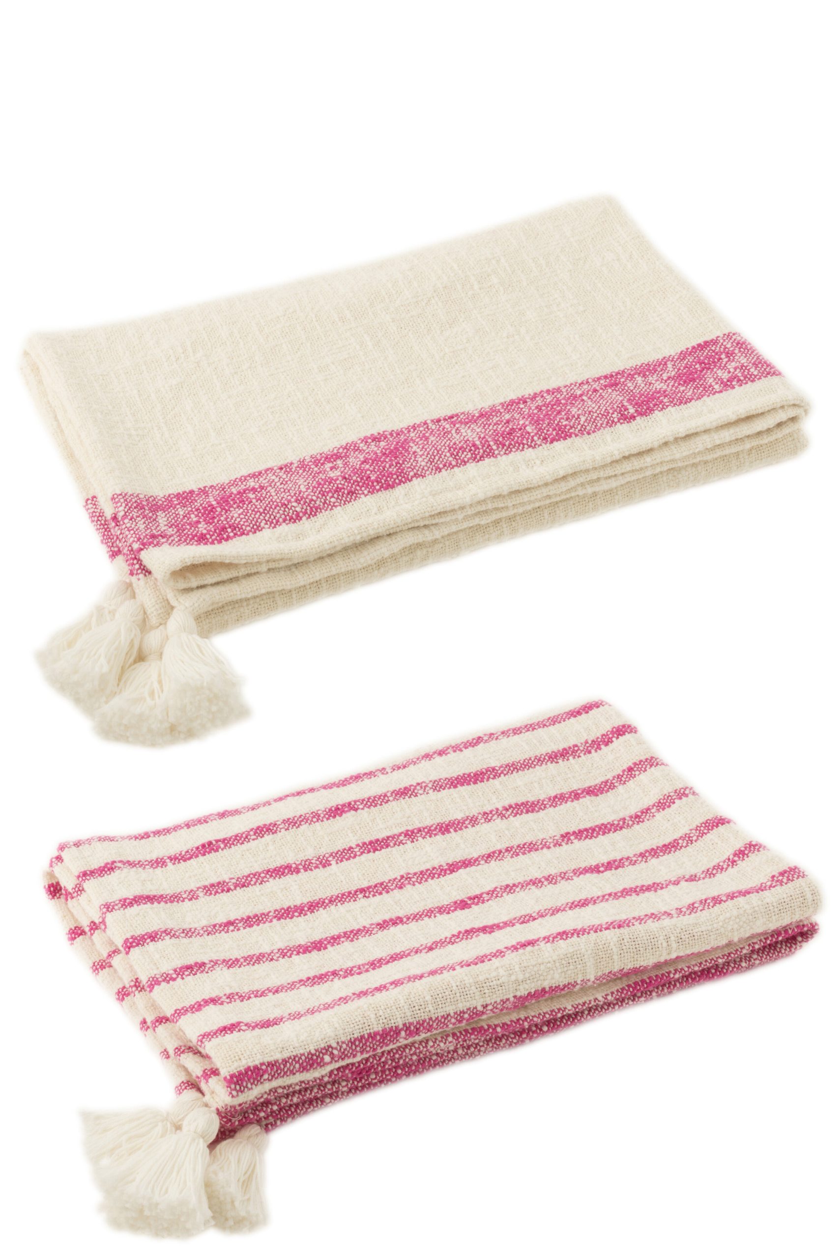 J-Line plaid Strepen + Kwasten - katoen - wit/roze - 2 stuks
