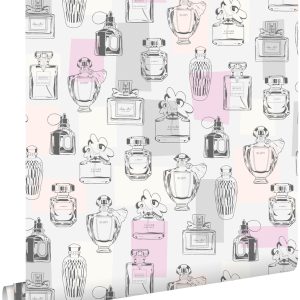 ESTAhome behang parfum flesjes lila paars, licht perzikroze, grijs en ESTAhome behang parfum flesjes lila paars, licht perzikroze, grijs en