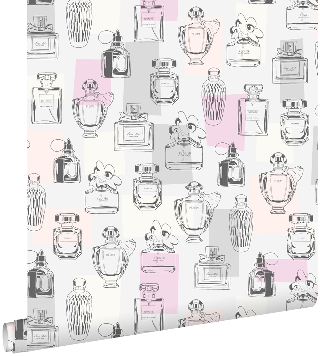 ESTAhome behang parfum flesjes lila paars, licht perzikroze, grijs en