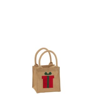 J-Line zak Borduurwerk Geschenk – jute – naturel/rood – 2 stuks