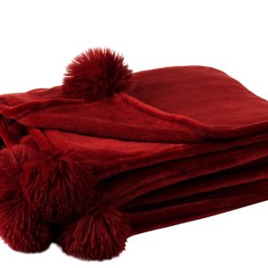 J-Line plaid Pompom – polyester – rood – 170 x 130 cm J-Line plaid Pompom – polyester – rood – 170 x 130 cm