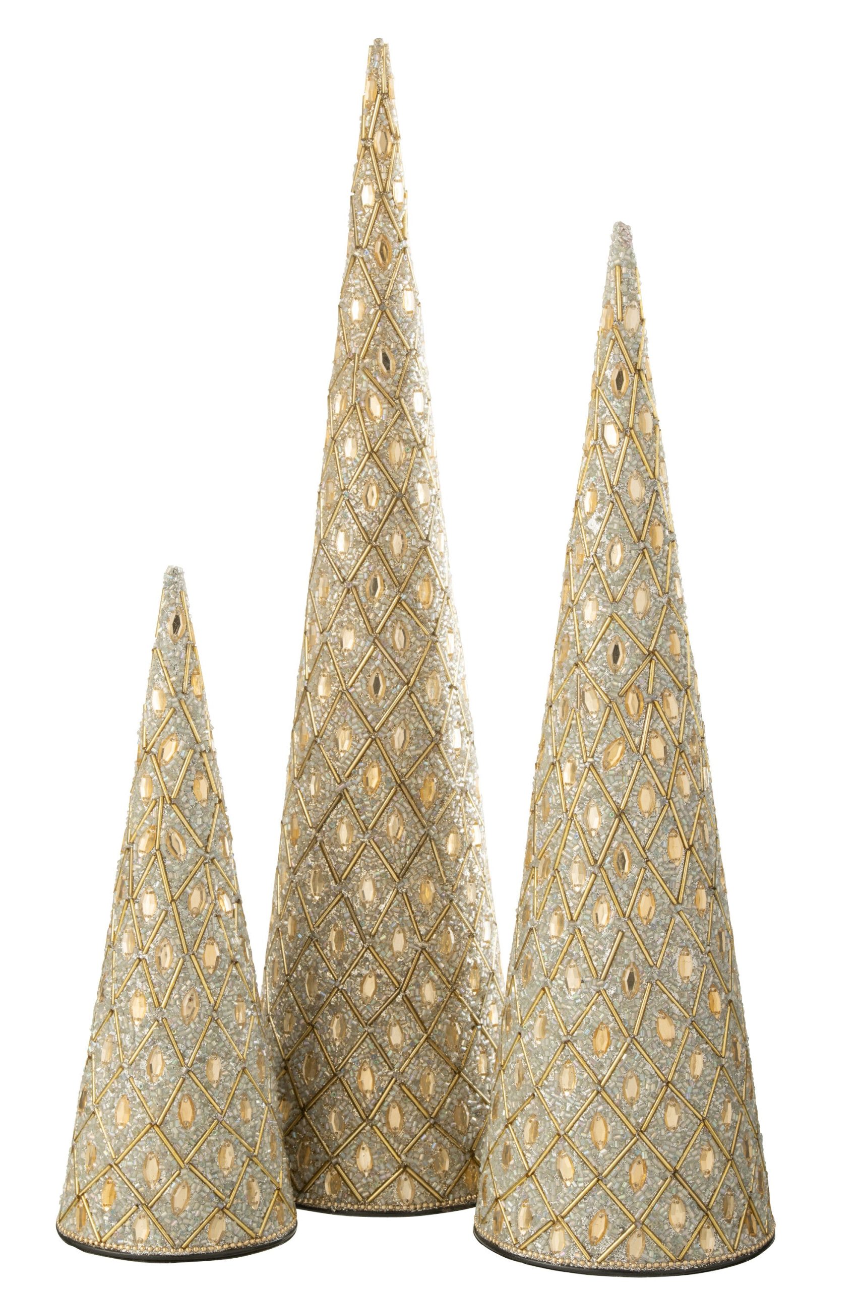 J-Line decoratie Kegel - ijzer/kralen - wit/goudkleurig - set van 3