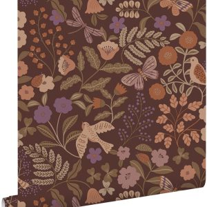 ESTAhome behang bloemen en vogels bruin, groen, terracotta en paars – ESTAhome behang bloemen en vogels bruin, groen, terracotta en paars –