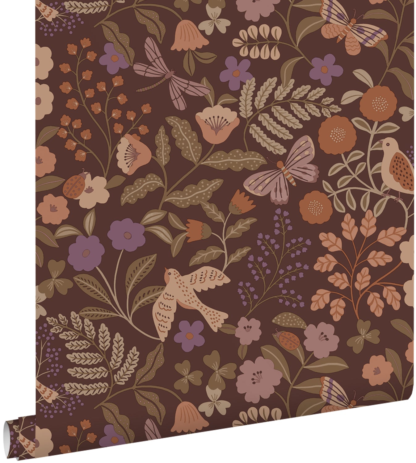 ESTAhome behang bloemen en vogels bruin, groen, terracotta en paars -