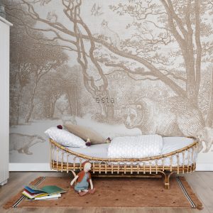 ESTAhome fotobehang bos met bosdieren beige – 350 x 279 cm – 159064