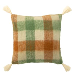 J-Line kussen Ruitjes + Kwastjes – acryl – wit/groen/bruin