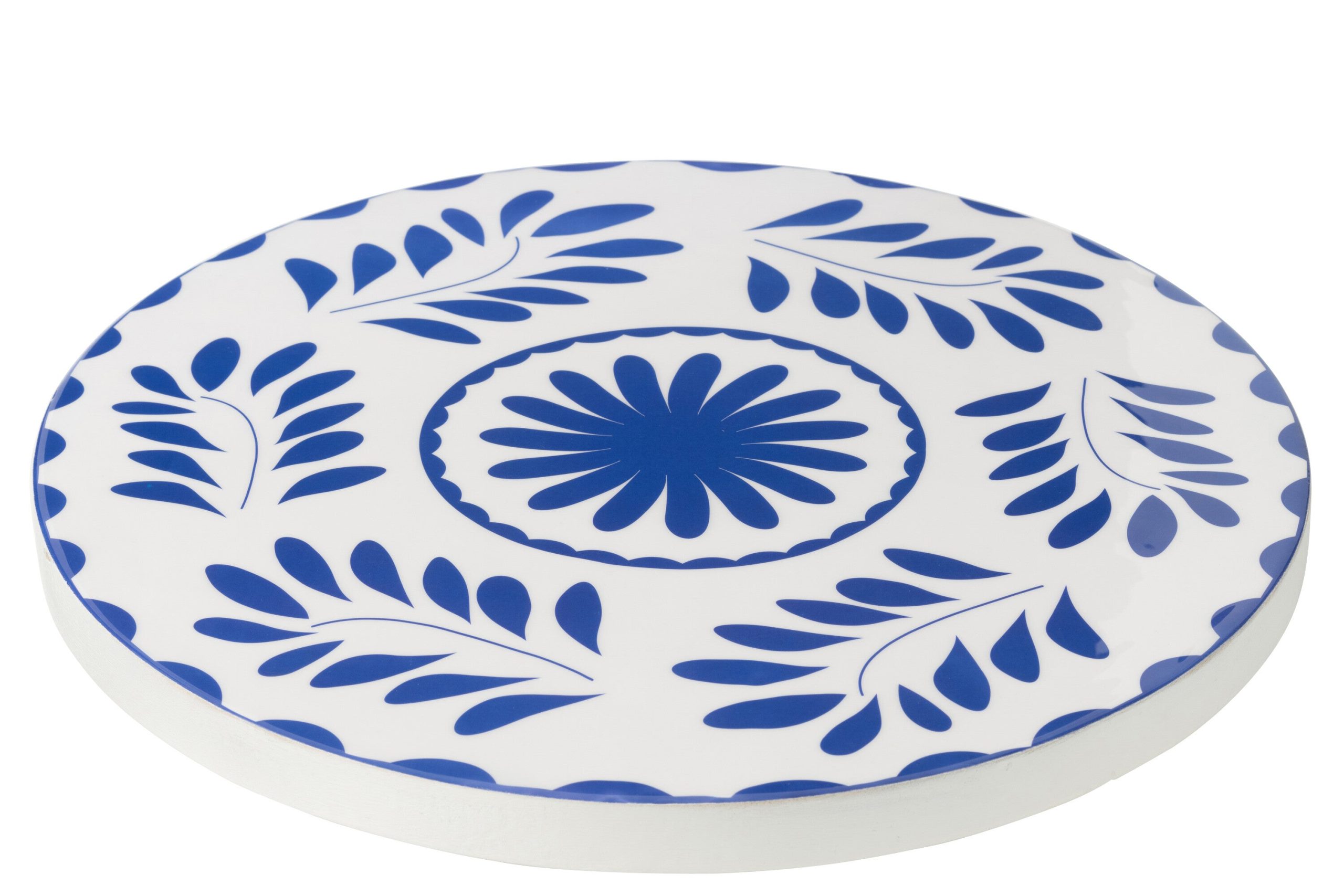 J-Line plateau Rond Bloemen - hout - blauw/wit
