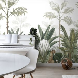 ESTAhome fotobehang jungle-motief wit en vergrijsd olijfgroen – 300 x ESTAhome fotobehang jungle-motief wit en vergrijsd olijfgroen – 300 x