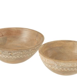 J-Line kom Kralen – hout – naturel/wit – set van 2