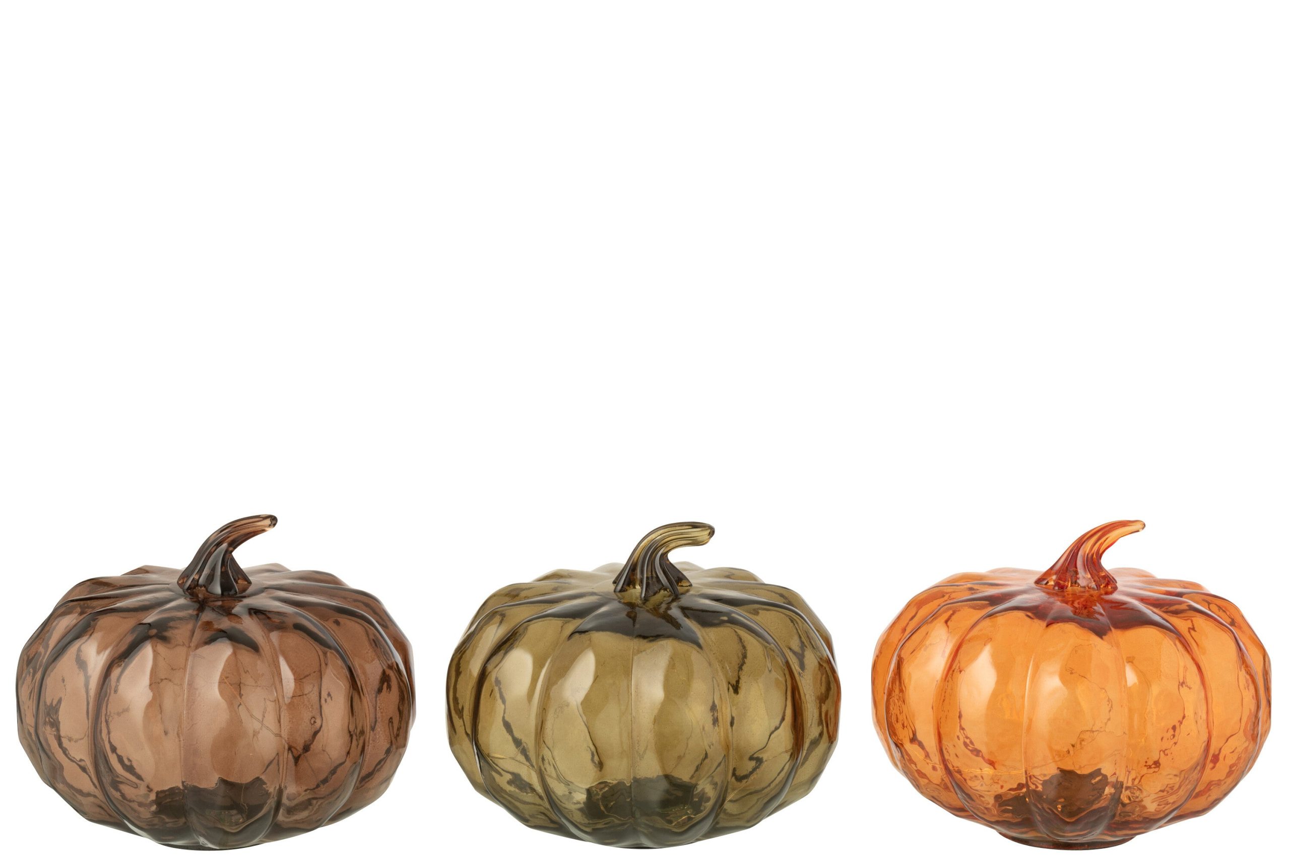 J-Line decoratie Pompoen - glas - cognac/olijfgroen - 3 stuks - LED li