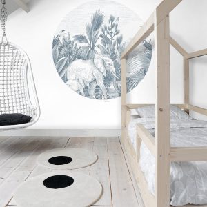 ESTAhome zelfklevende behangcirkel jungle-motief blauw – Ø 140 cm – 15