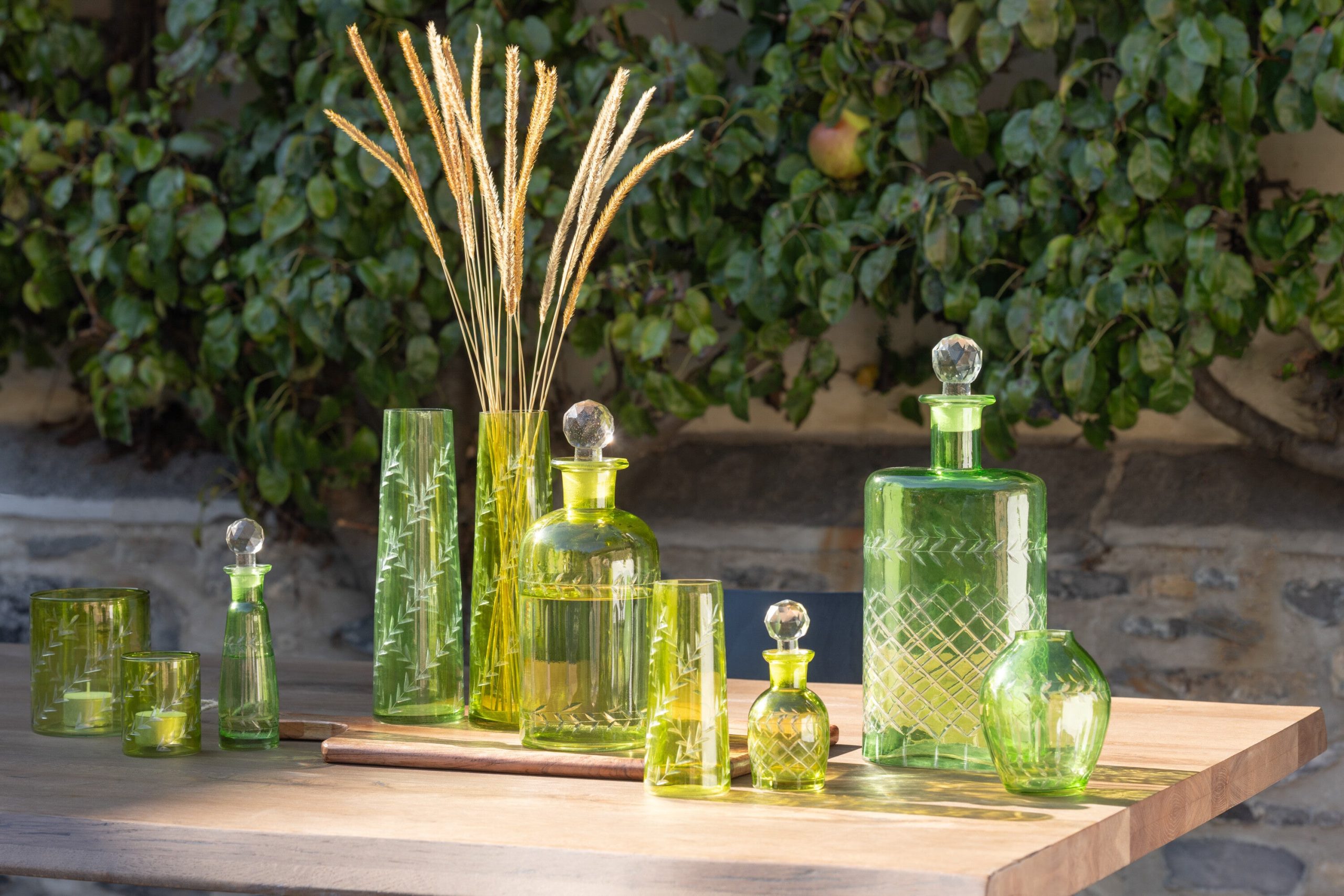 J-Line karaf Bladeren - glas - groen - extra large - 2 stuks
