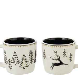 J-Line mok Kerstmis Dolomiet – keramiek – wit/zwart – 2 stuks