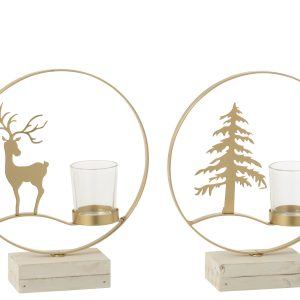 J-Line theelichthouder Rendier – hout – goud/wit – 2 stuks